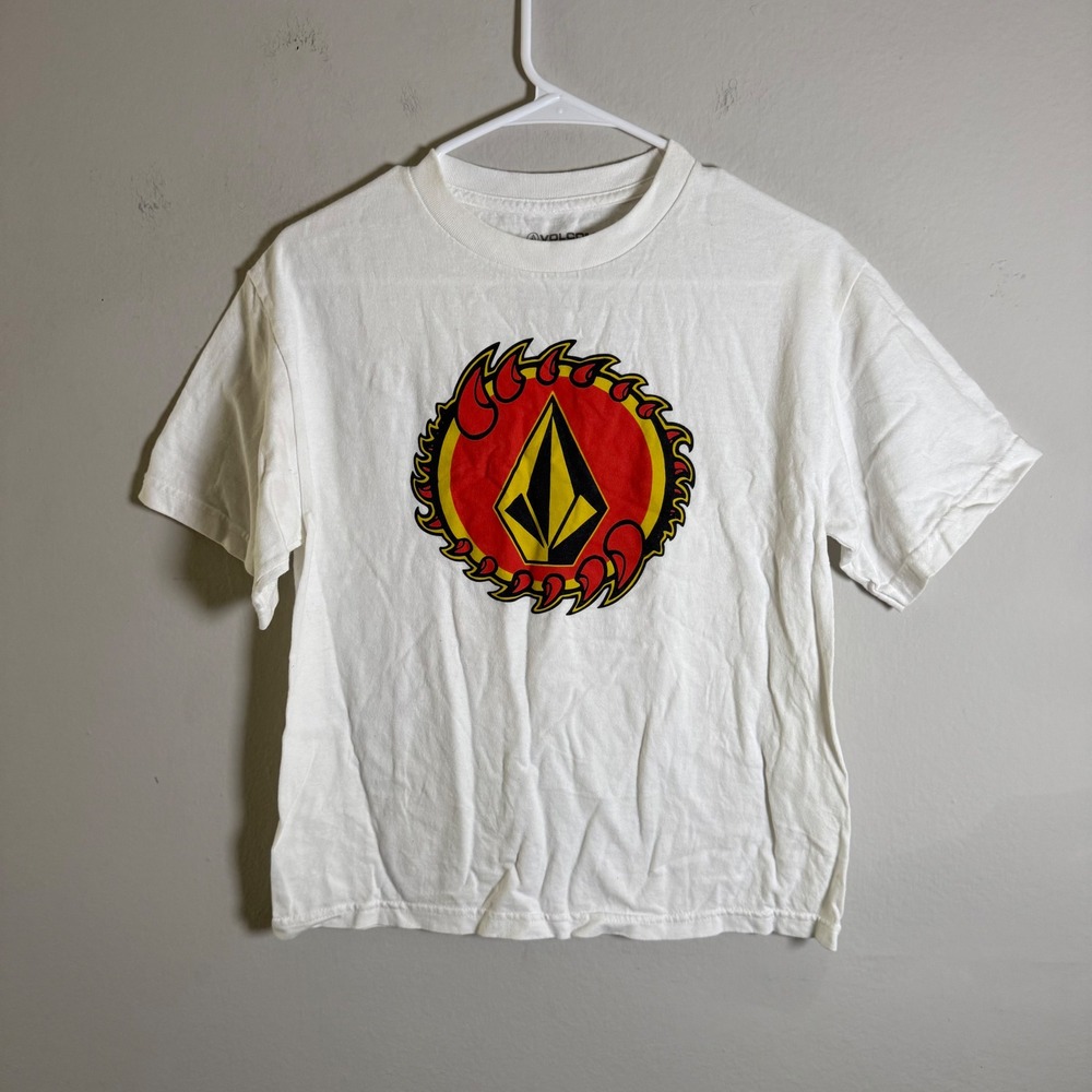 Volcom Boys Large White Graphic Tee Shirt Short Sleeve Flame‎ Stone Logo L/G